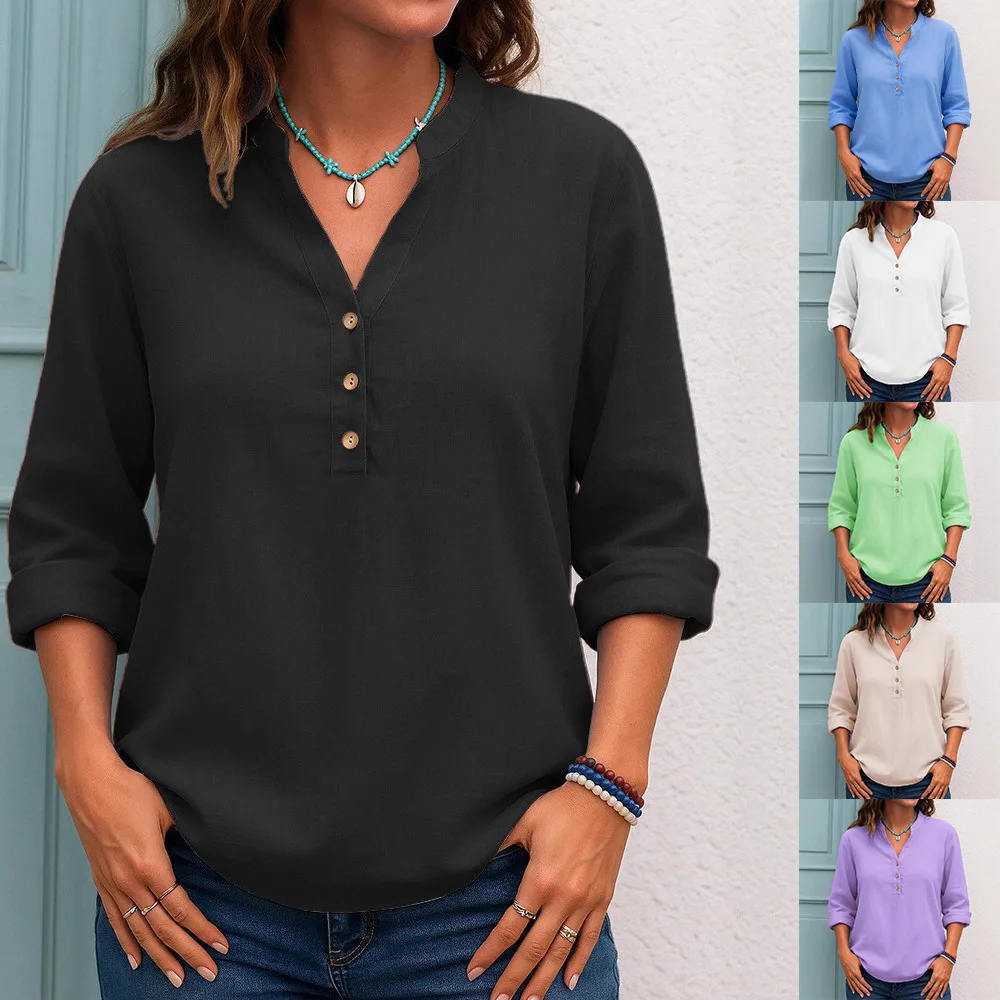 New Women's Pullover Shirts 2025 Autumn Fashion V-Neck Loose Casual Blouses Women Solid Colors Long Sleeve Button Oversized Tops
