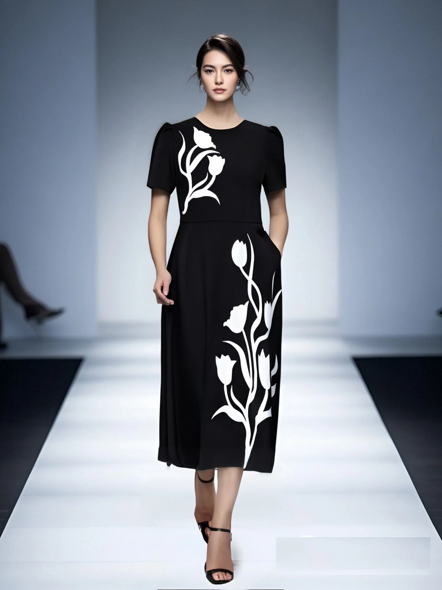 ZJYT Dames Bloemborduurwerk Midi-jurk Zomer Wit Zwart Korte mouw Elegant Vintage Casual Party Runway 2025, nieuwe mode