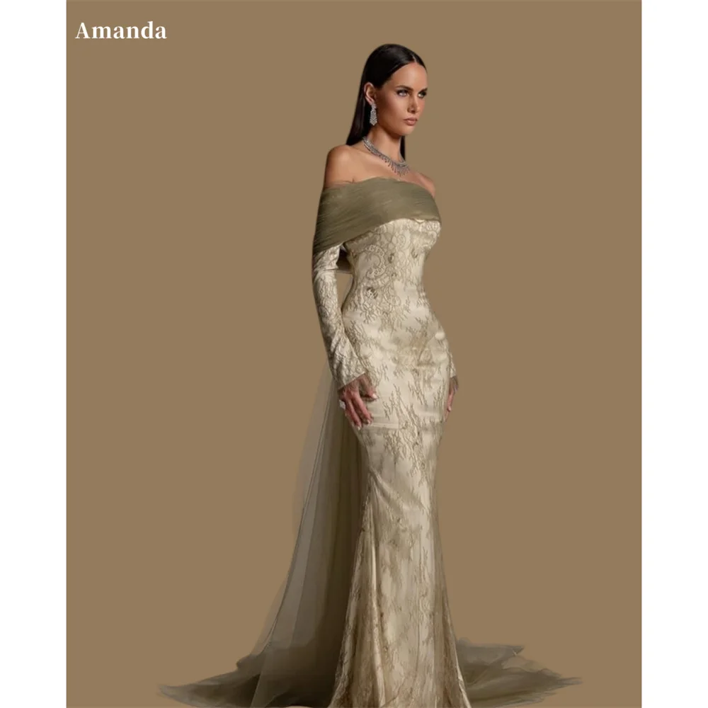 

Amanda Индивидуальные платья цвета хаки с открытыми плечами для выпускного вечера с длинным рукавом и цветочным принтом, платья de noche с длинным шлейфом, формальный 2025