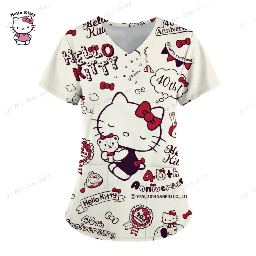 V-Neck Pocket Hello Kitty  Care Workers T-Shirt Tops Clinic Working Clothing Women Short Sleeve Scrub Tops Print Nurse Uniform