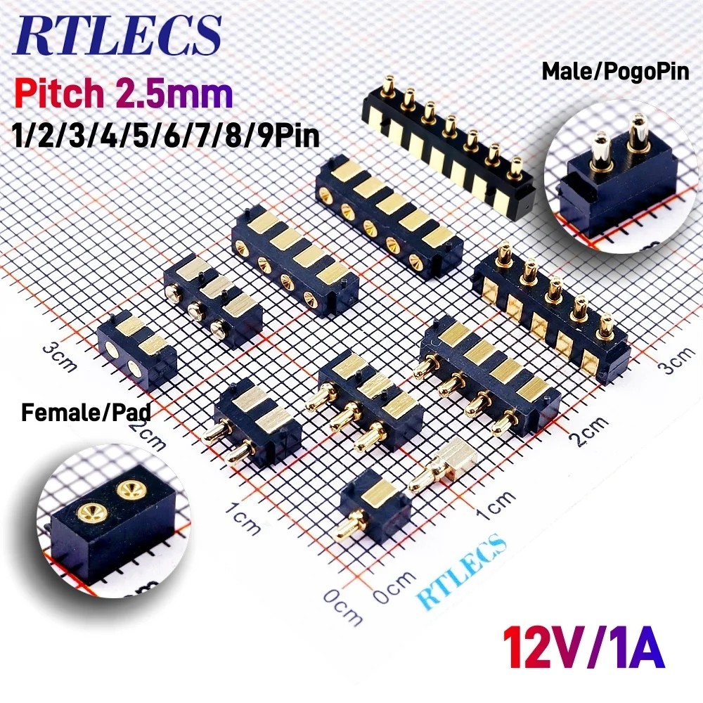 5/20 PCS 2.5mm Grid Pogo Pin Connector Horizontal Surface Mount 2 3 4 5 6 7 8 Pins Spring Loaded Pogopin Male Female Gold Plated