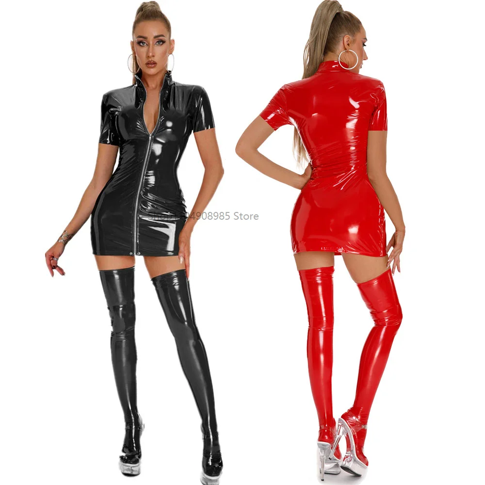 

Slim PU Patent Leather Sheath Dress Women Sexy Dresses Fashion Latex Patent Leather Bodycon Dress Wetlook Zipper Mini Dress