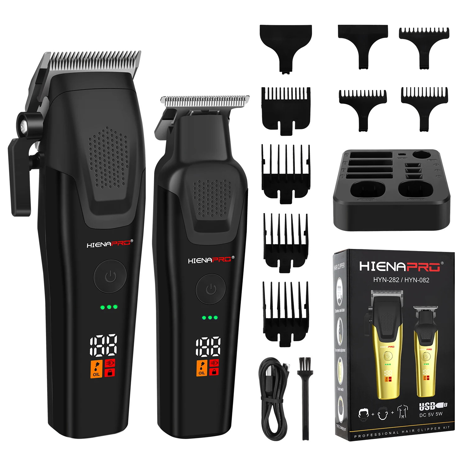 HIENA PRO 2Pcs Hair Clipper Set, Cordless Barber Clippers with R-Type Adjustable Blade, LED Display Ear Hair Trimmer Professional Grooming Kit gift for Men