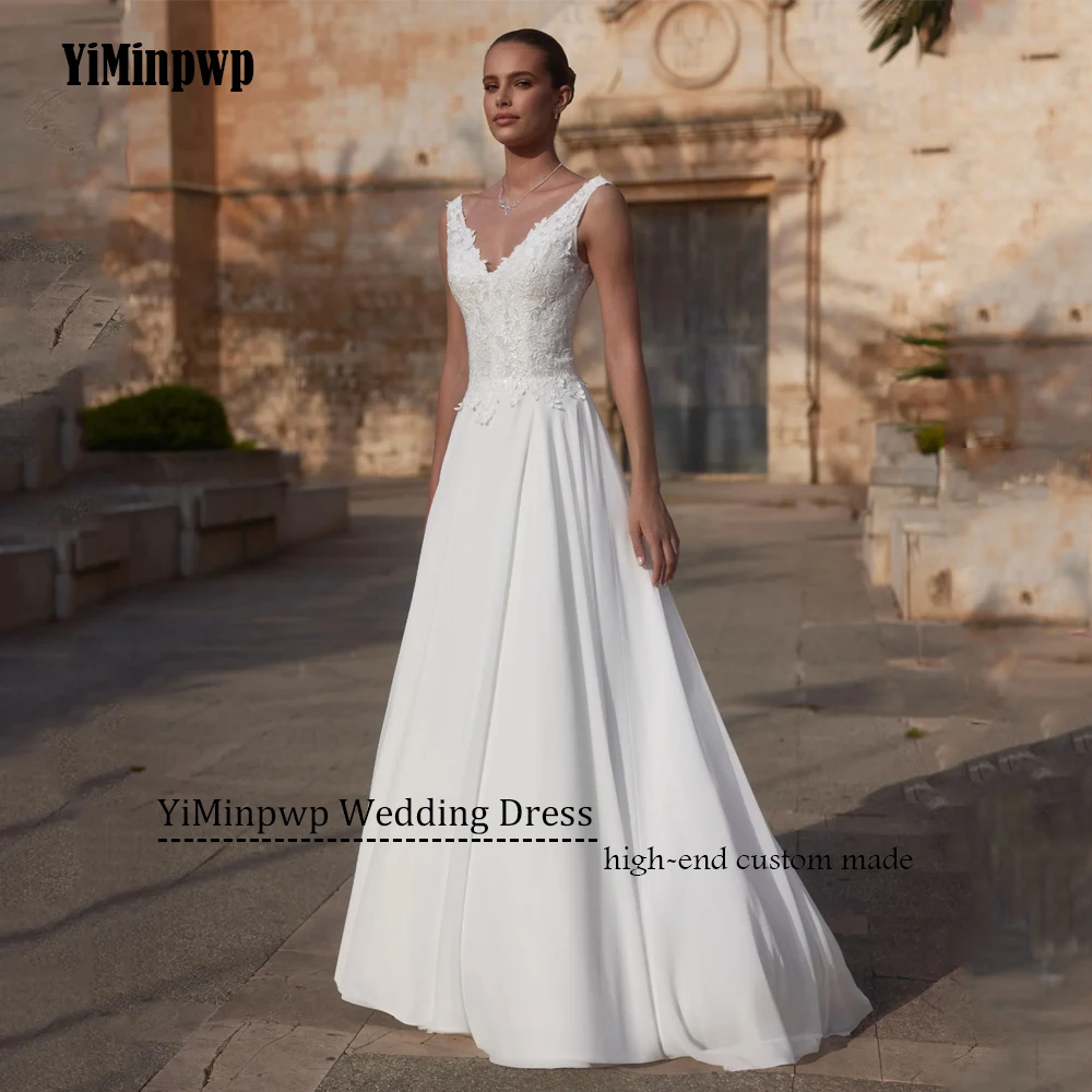 여성을위한 쉬폰 웨딩 드레스 민소매 더블 v 넥 쉬폰 백리스 우아한 레이스 신부 가운 vestidos de novia Customized