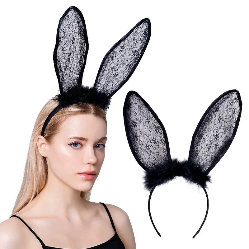 10pcs  Women Girls Halloween Christmas Black Lace Rabbit Bunny Ears Masquerade Headband Carnival Party Costume