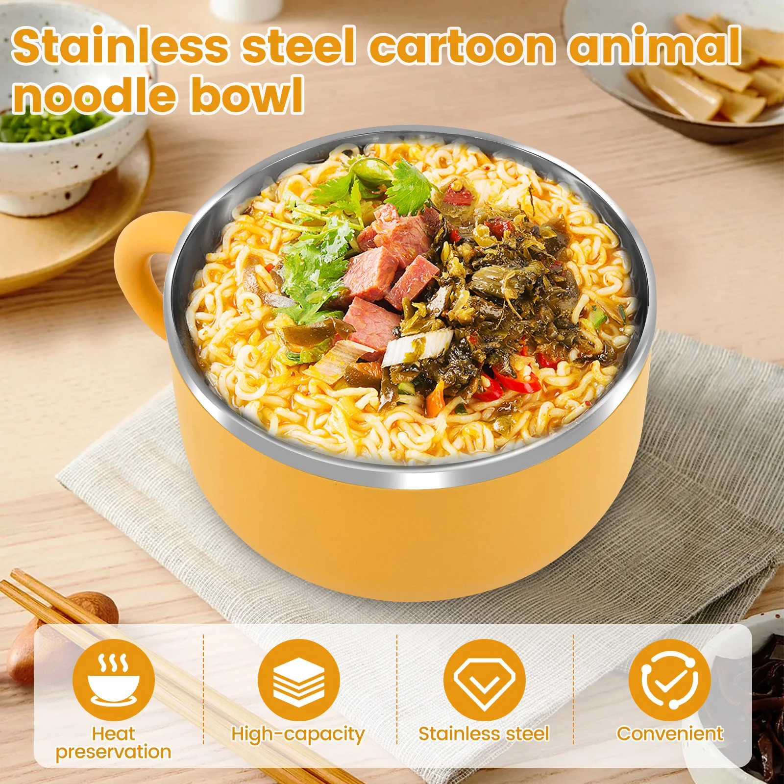 1200ml Ramen Bowl Stainless Steel Noodle Bowl with Lid Heat Resistant Instant Noodles Bowls Cooker Tableware Kitchen Accessorie