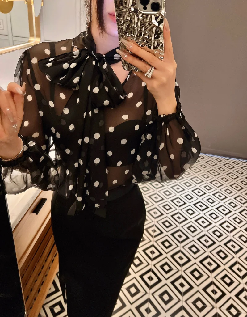 2024 Summer Luxury Women High Quality Dots Prints  Silk Long Sleeve Shirt Blouse for Female