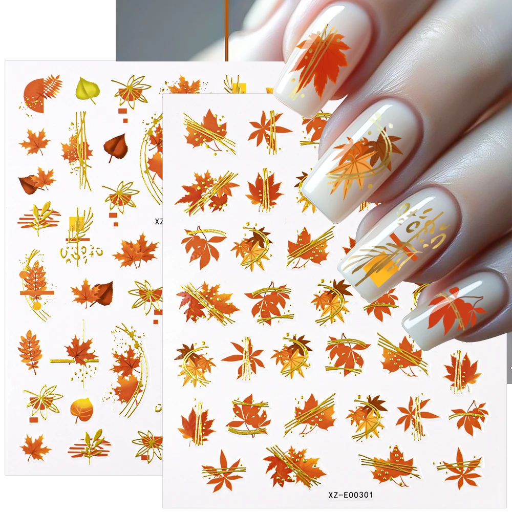 1Pc 3D Maple Leaves Nail Stickers Autumn Design Fall Leaf Adhesive Decals Maple Leaf Pumpkin DIY Sliders Manicure Decoration