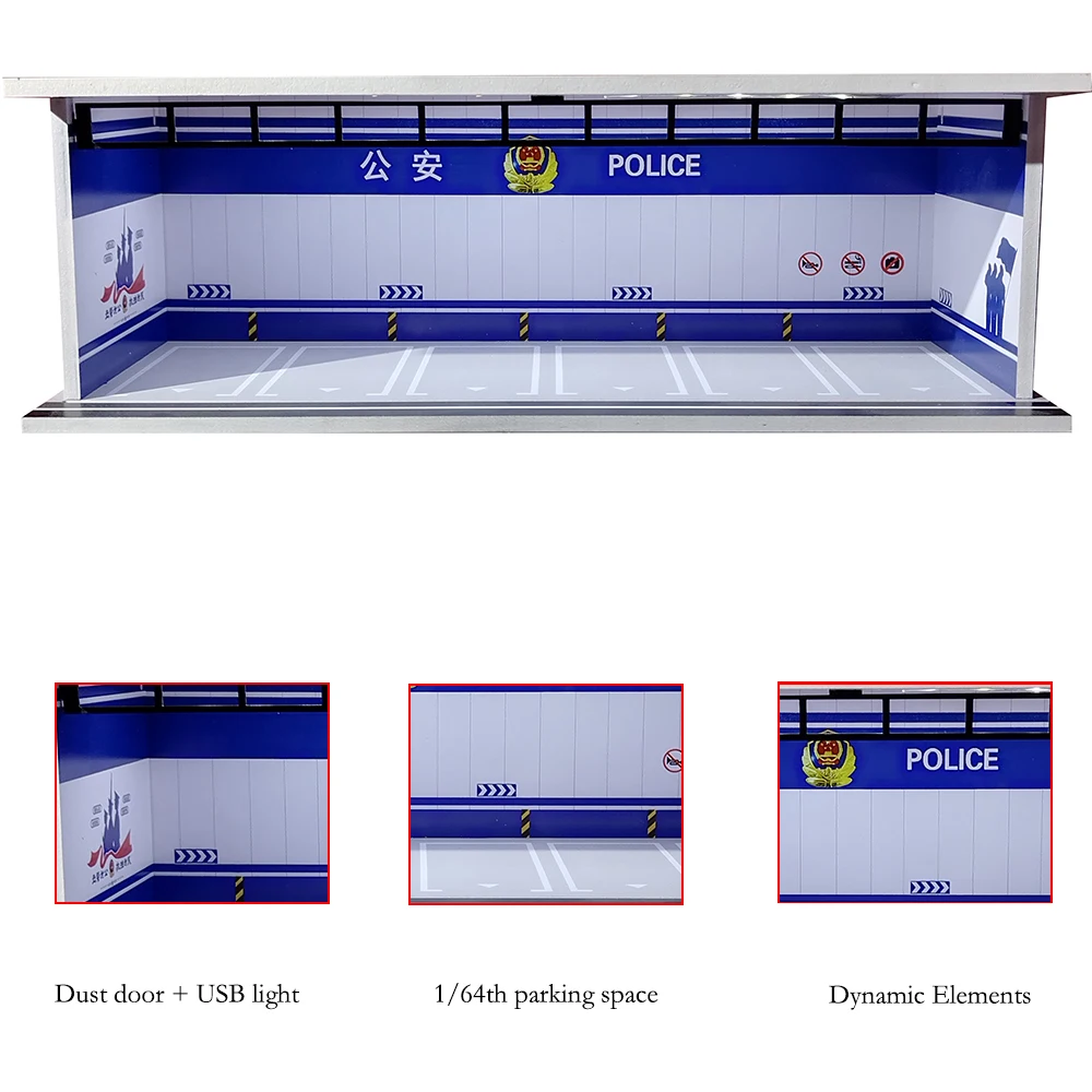 Auto-Garage-Diorama im Maßstab 1:64, mit USB-LED-Licht, realistische Parkplatz-Vitrine für Modellautos und Miniaturfahrzeuge – Detail 19