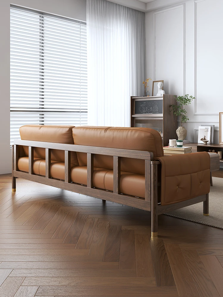 Nordic leather sofa first layer cowhide living room log wind small apartment double three light luxury leather solid wood sofa
