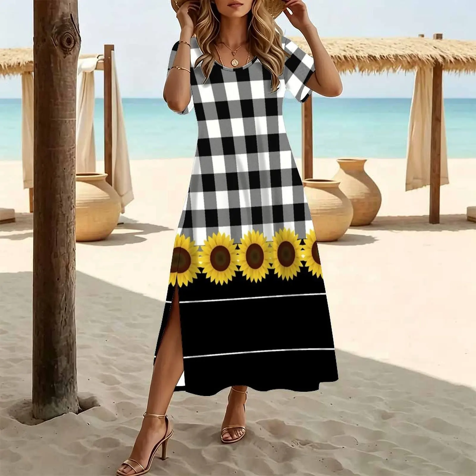Rustic Black White Buffalo Plaid & Sunflowers Women's Round Neck Short Sleeve Split Long Dress