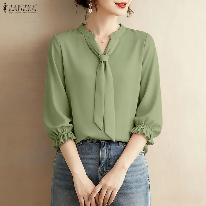 

2026 ZANZEA Stylish Women Summer V Neck Short Sleeve Blouse Elegant Casual Solid Color OL Work Shirt Holiday Tunic Mujer Tops
