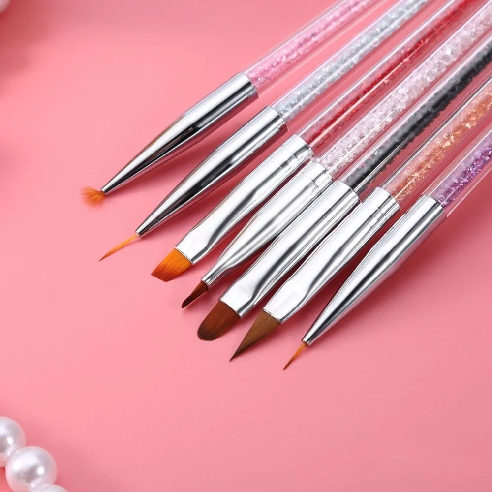 7 Pieces Set Double Ended Nail Art Brush Set Fine Tip Glitter Handle Nail Liner Brush Extension Carving Dust Cleaning