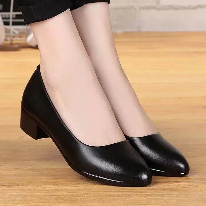

Soft PU Leather Pumps Women Basic Spring Square High Heels Office Career Comfortable Shoes Plus Size For Lady