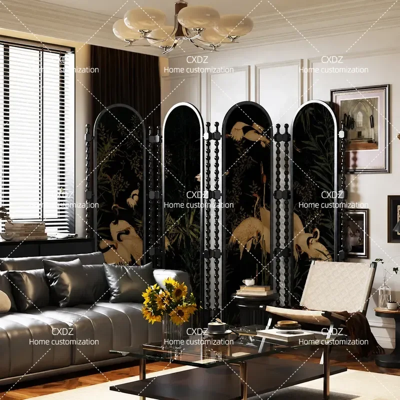 French Medieval Style Solid Wood Folding Screen Partition Mobile Room Divider for Living Room Office Entrance Simple Crane