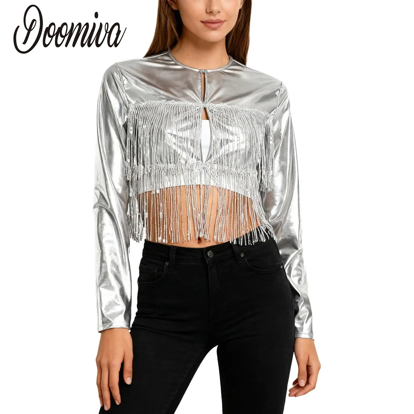

Women Metallic Fringe Jazz Jacket Dance Costume for Cowgirl Party Rock Shiny Tiered Sequin Tassel Long Sleeve Coat Disco Clothes