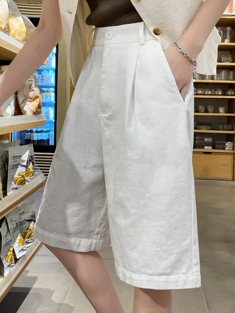 Hohe Taille, gerades Bein, Baumwolle, Leinen, für Damen, Sommer, dünn, über dem Knie, A-Linie, weites Bein, sechsteilige Hose, Freizeithose