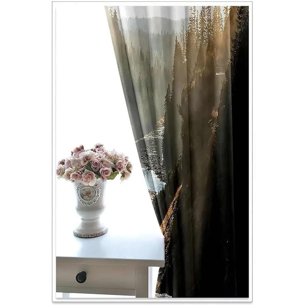 ผ้าม่านหน้าต่างสีดำโปร่งแสง โพลีเอสเตอร์ 84x84 - ทิวทัศน์ต้นไม้ริมทะเลสาบ ห้องน้ำสีเทา แพ็ค 2 ชิ้น