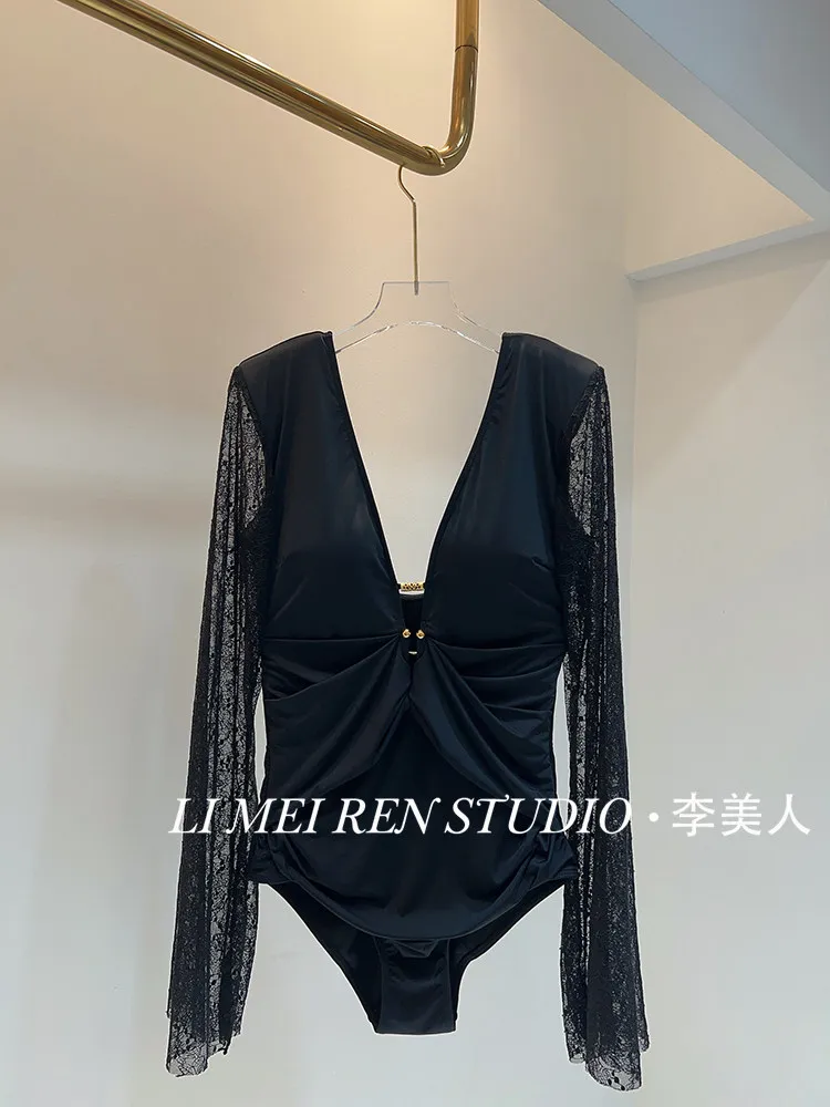 New Black lace long sleeved deep V-neck suit three-dimensional one-piece swimsuit for women