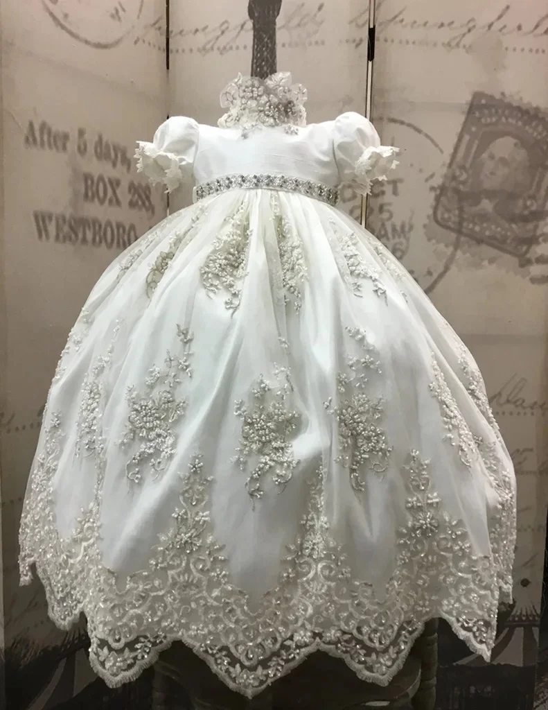 หรูหราลูกปัดGowns Christeningสําหรับเด็กทารกลูกไม้ 3Dดอกไม้Appliquedไข่มุกBaptismชุดBonnet