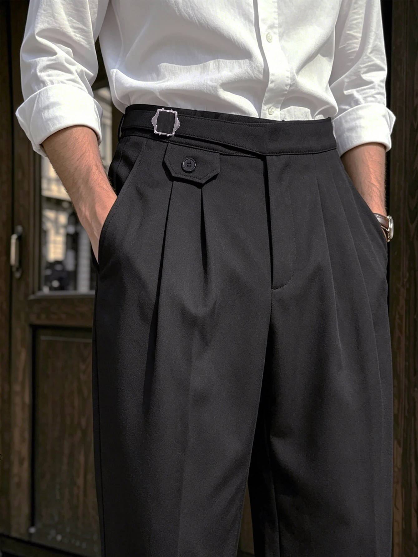 Men 2026 SS Neapolitan Style Solid Woven High Waist Loose Straight Suit Trousers Elegant Daily Commuter Formal Business Pants