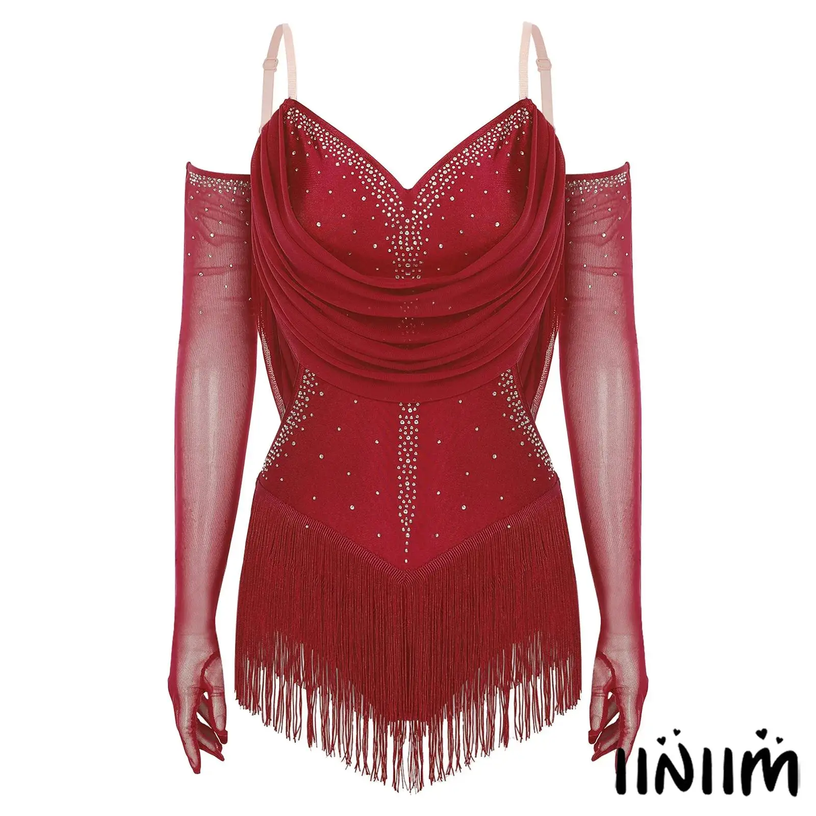 

Women Figure Ice Skating Costume Ballet Lyrical Latin Dance Acrobatics Gymnastics Leotard Cutout Fringed Bodysuit with Gloves