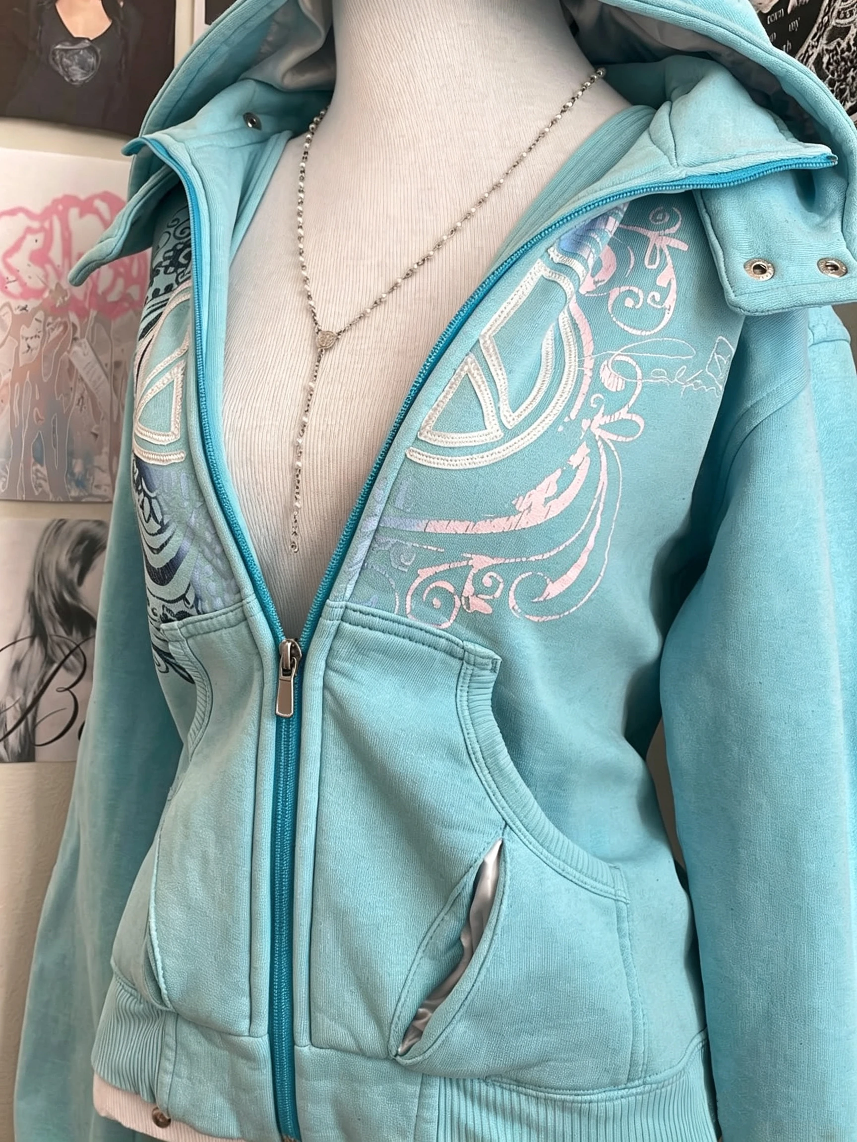 Image of Y2K Amerikanische Retro-Reißverschlussjacke 2000er Retro Blauer Vollreißverschluss-Hoodie Damen Harajuku Grunge Print Hoodie Streetwear