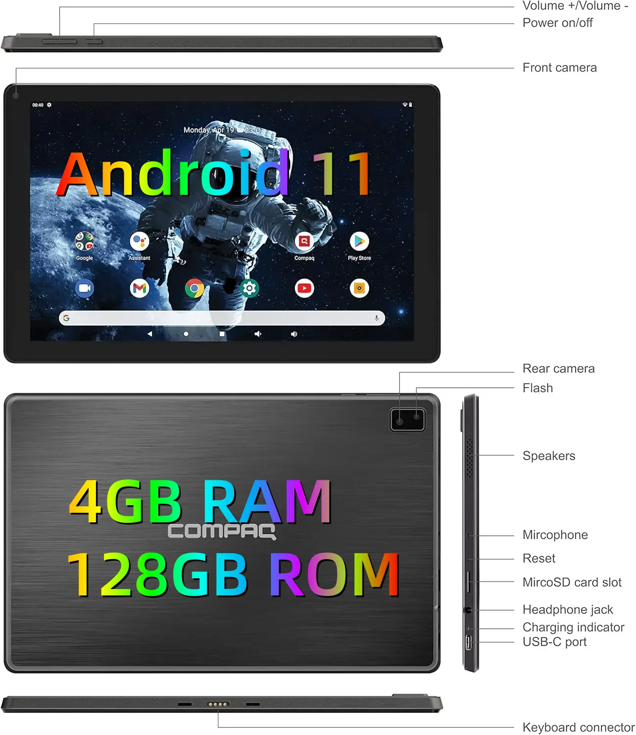 Tablette PC Android 11,6 pouces, 4 go de RAM, 128 go de ROM, MT8168, Quad Core, 1920x1080, IPS, double caméra, type-c, 6000mAh