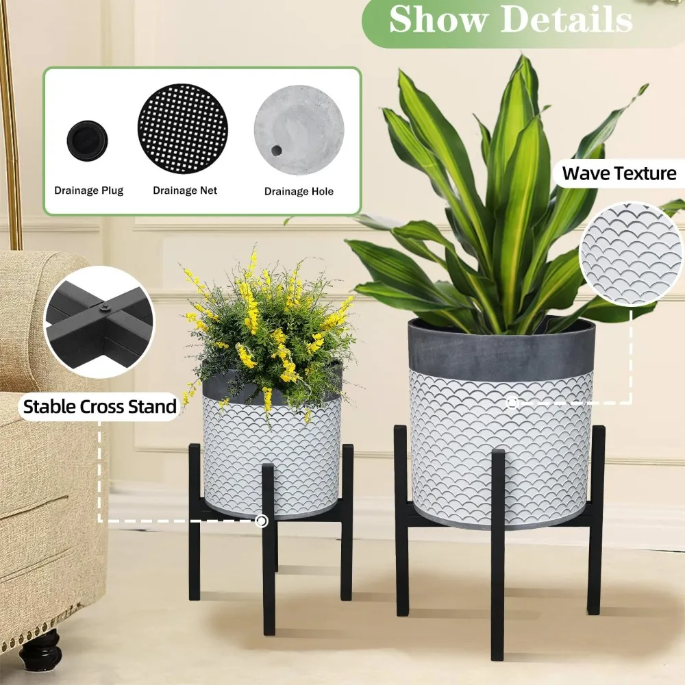 Planter with Stand Set of 2, Mid Century Plant Pots with Metal Legs Indoor, Modern Flower Pots with Drainage Holes, Decorativ