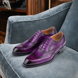 Fashion New Trend Oxford Mens Handmade Carving Craft Purple Wedding Party Shoes Original Designer Customized Service Adult