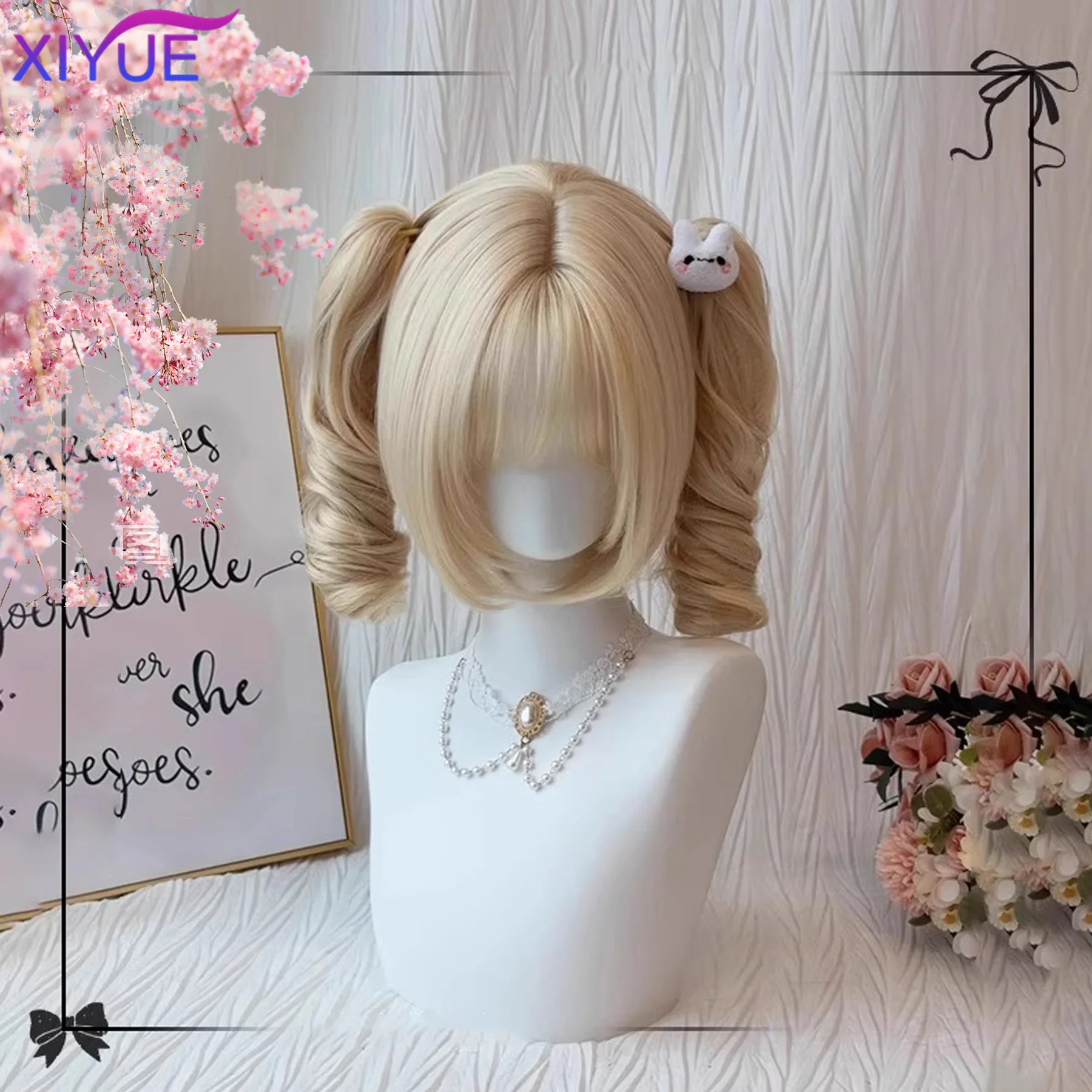 Lange lockige Zwillings-Pferdeschwänze, synthetische Perücke, Pony, Cosplay, Lolita, Party, schick, Mädchen, Prinzessin, blond, kurzes hitzebeständiges Haar von WTB HA