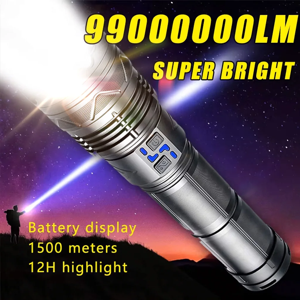 99000000LM Super Bright LED Flashlight 100W GT60 Long Range Powerful Torch Type-c Rechargeable Outdoor Flashlight Power Display