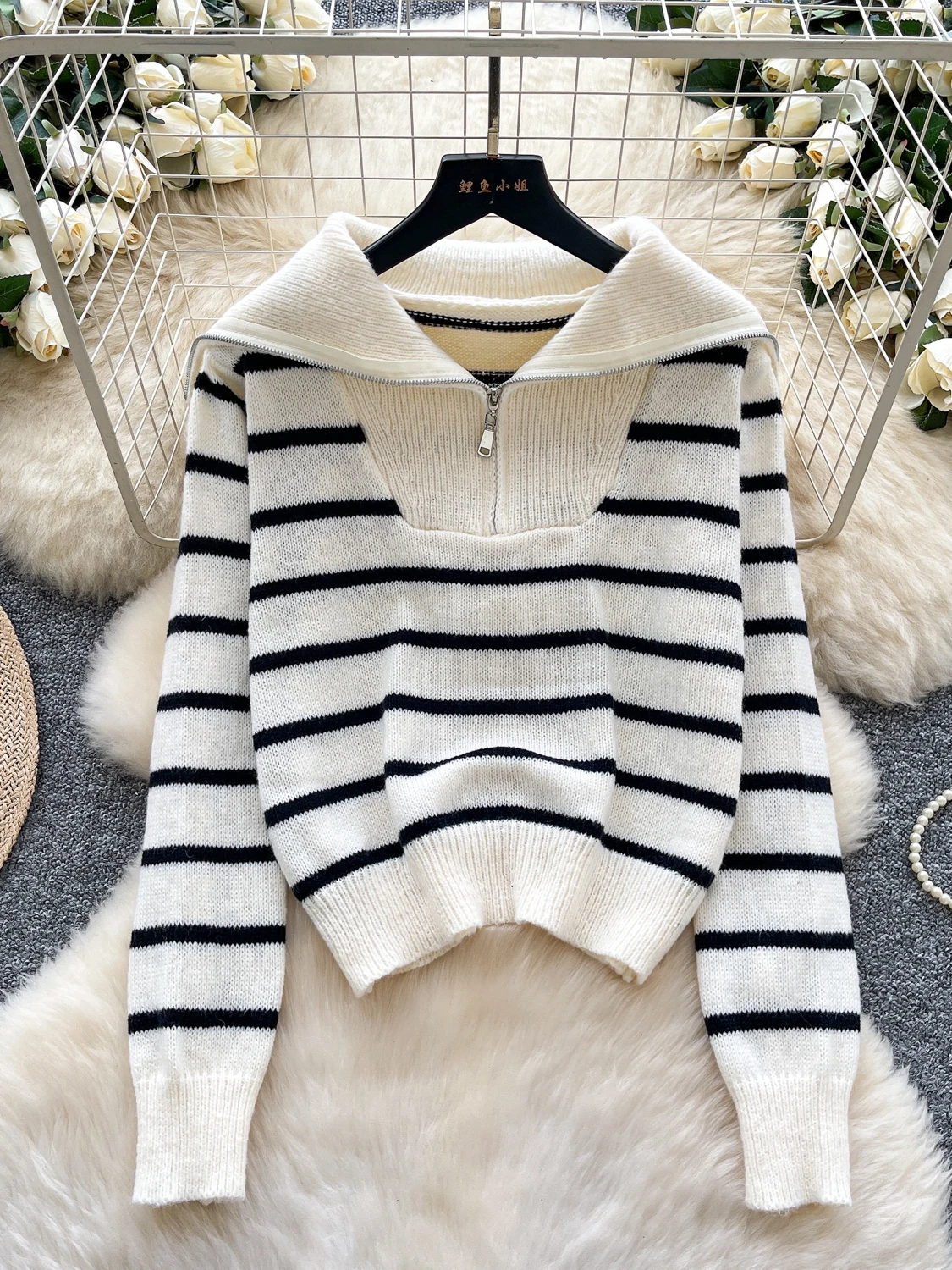 

Ретро-свитер с молнией и длинными рукавами в полоску, женский классический свитер с воротником-стойкой, свободный крой, вязаный, осенний, теплый, с функцией сохранения тепла