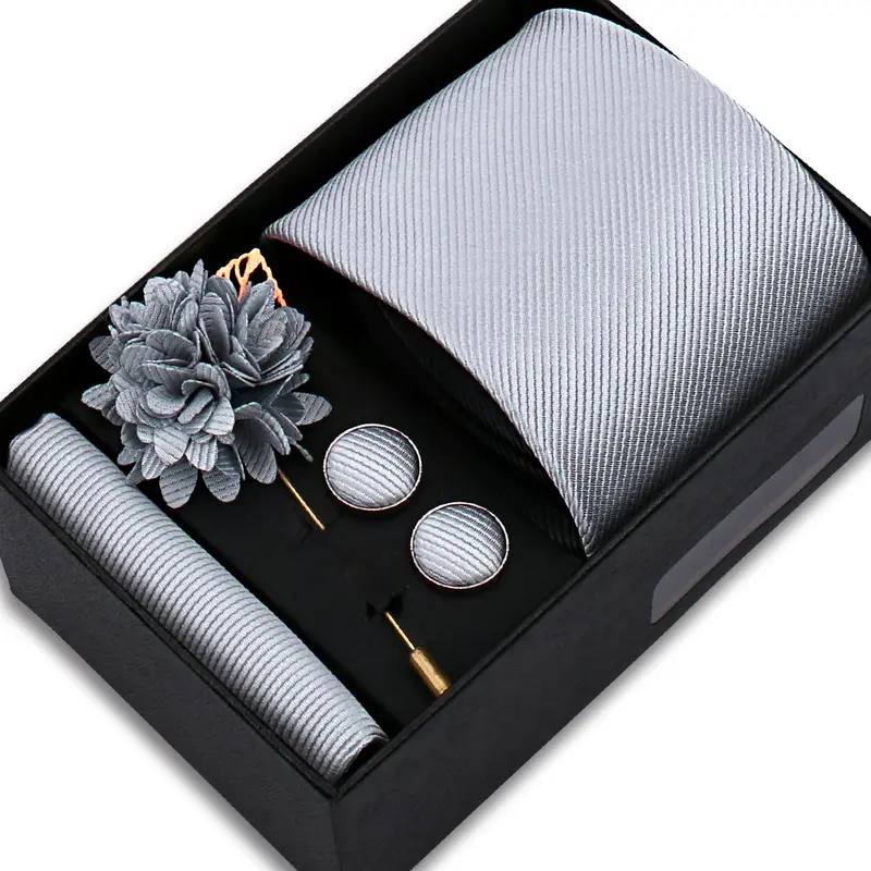 Top Quality Solid Color Ties Hanky Cufflinks Brooch Set Elegant Jacquard Necktie For Men Business Wedding In Gift Box Gravatas - Image 8
