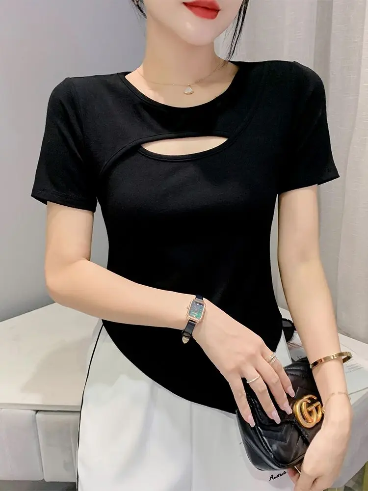 Sexy Hollow out Short Sleeve Top Women's Fashion Design Slim Fit Casual round Neck T-Shirt Korean Style Summer New Arrival