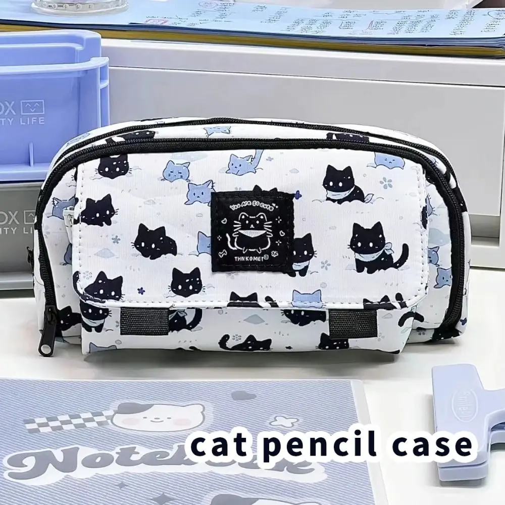 Trójwarstwowy śnieżny kot piórnik o dużej pojemności zamek błyskawiczny śnieżny kotek piórnik Kawaii śliczny kotek torba na artykuły papiernicze prezent dla dzieci