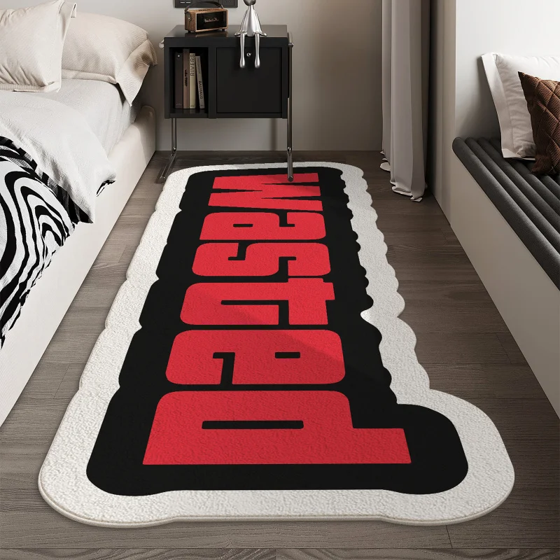 VIKAMA Alfombra roja con letras en inglés, suave, cálida y antideslizante, alfombra para mesita de noche, dormitorio, baño, muebles para el hogar