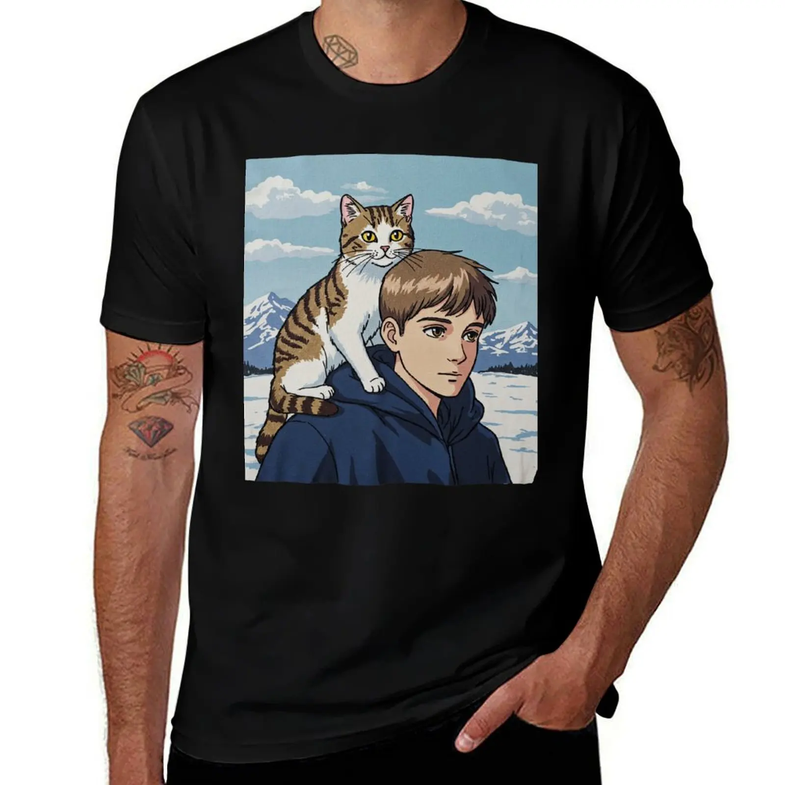 

Boy and Cat in Snowy Mountains T-Shirt cute tops sweat basketball graphic tees anime t shirts Men's t-shirts