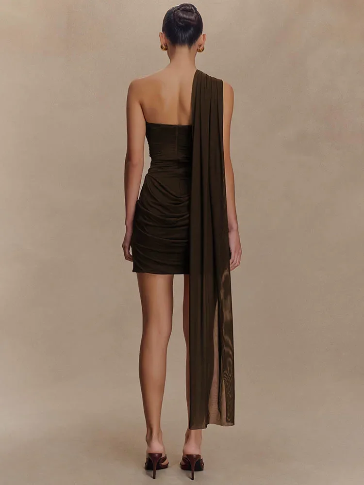 XIAOTANG One Shoulder Backless Sexy Mini Dress Women Fashion Off-shoulder Sleeveless Backless Draped Ruched Bodycon Club Dress