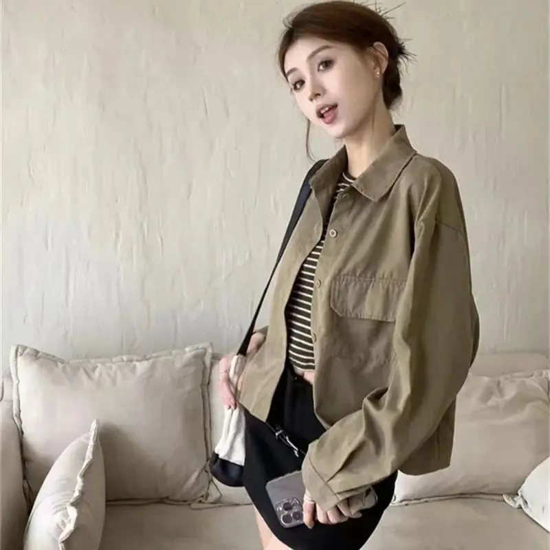 

Khaki Colored Shirt for Women in Spring Autumn 2024 New Style For Vintage Casual Outerwear Long Sleeved Shirt Short Jacket Trend