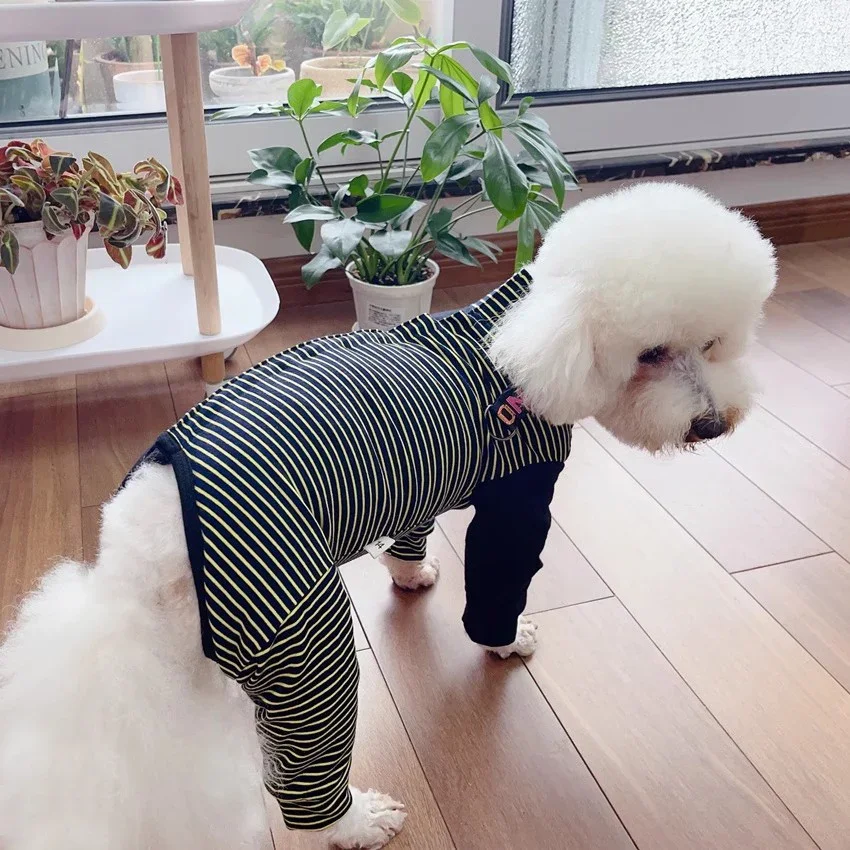 Retro Simple Splicing Color Pet Dog Clothes Fashion Stripe Cotton Thin Jumpsuits Hoody For Small Medium Dog Poodle Puppy Outfits