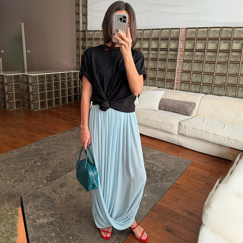 

Chiffon Split Long Skirts Woman Casual Elastic Waist Straight Skirt Female Fall Street Chic Loose Skirts