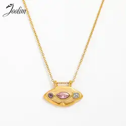 Joolim Jewelry Wholesale Fashion Dainty Purple Round Clear Square Pink Eye Lip-shaped Pendant Stainless Steel Necklace for Women