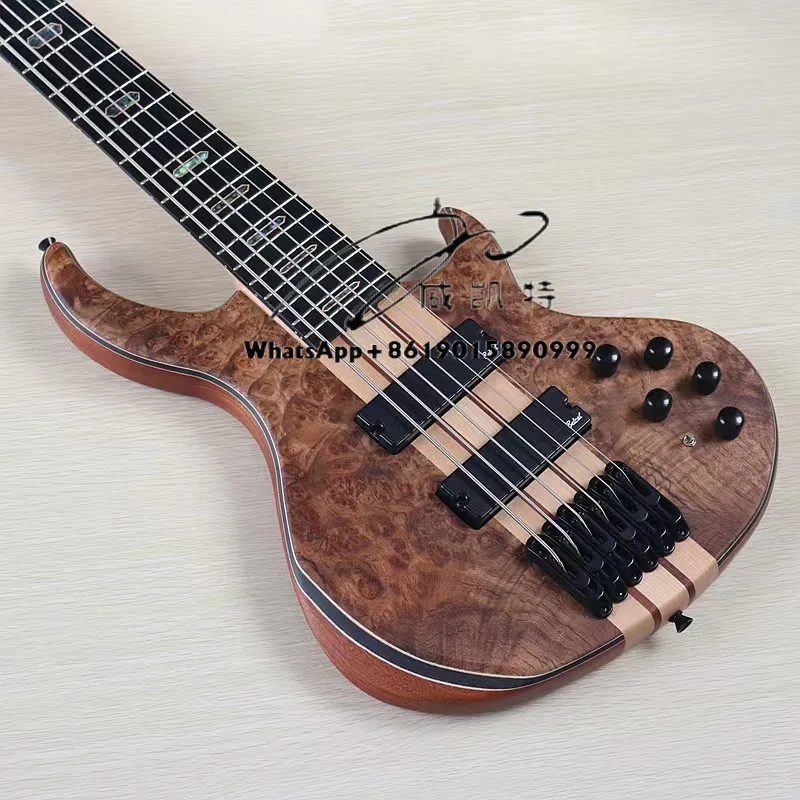 43-Inch 7-and 6-String Active Electric Bass Guitar with Matte Finishing Teak Veneer Top Panel Mini LED Light-Up Effect