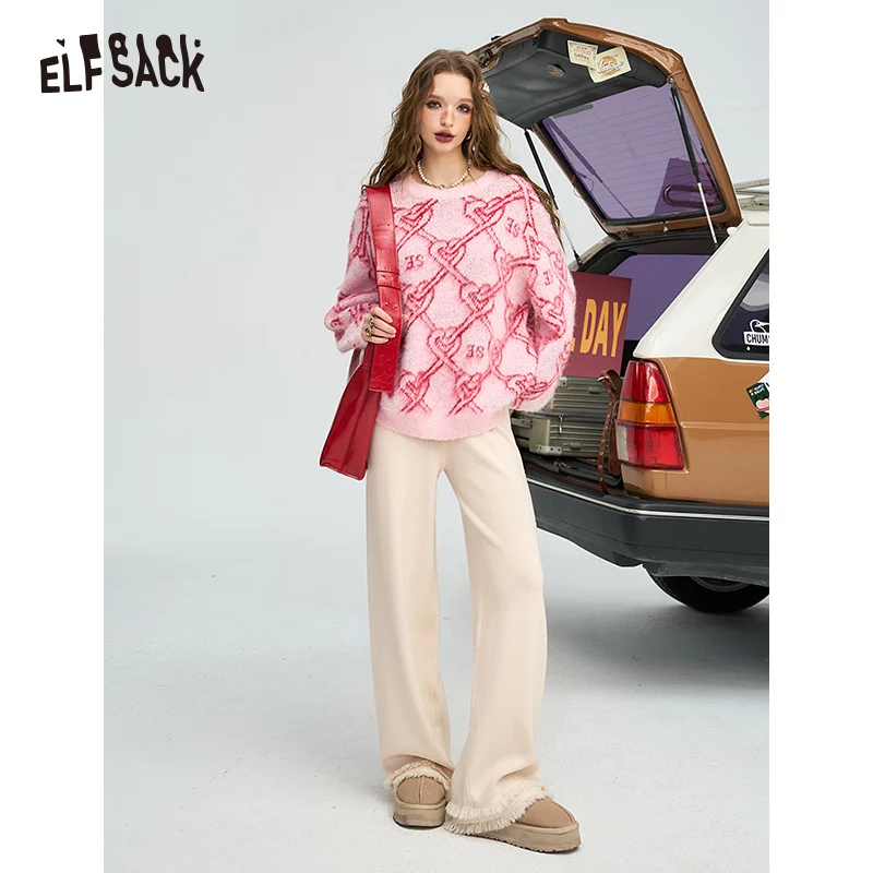 ELFSACK 2024 Winter New Arrivals Tassel white casual glutinous rice pants for women, with a relaxed feel