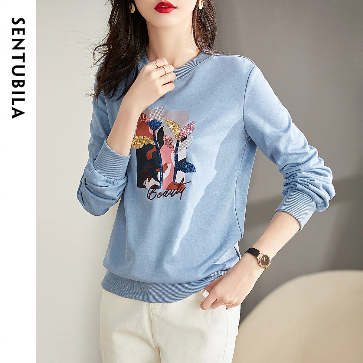 SENTUBILA Spliced Sequins Printing Sweatshirt for Women 2024 Autumn Winter Fashion Casual Cotton Knit Pullovers 143A58108X