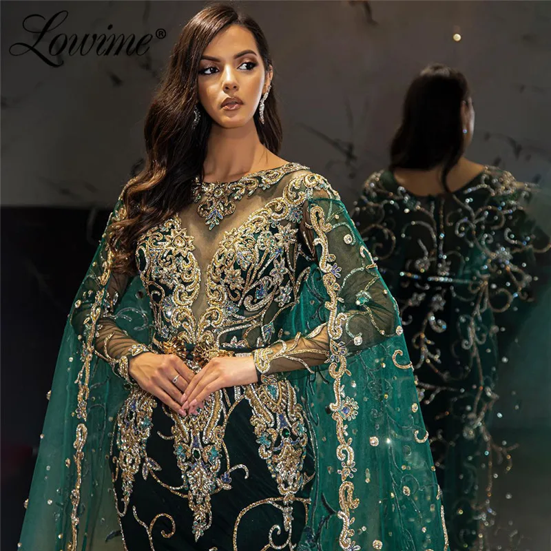 Lowime Dubai Green Cape Long Sleeve Evening Dresses Heavy Crystals Beaded Mermaid Arabic Middle East Party Gowns Robe Prom Dress