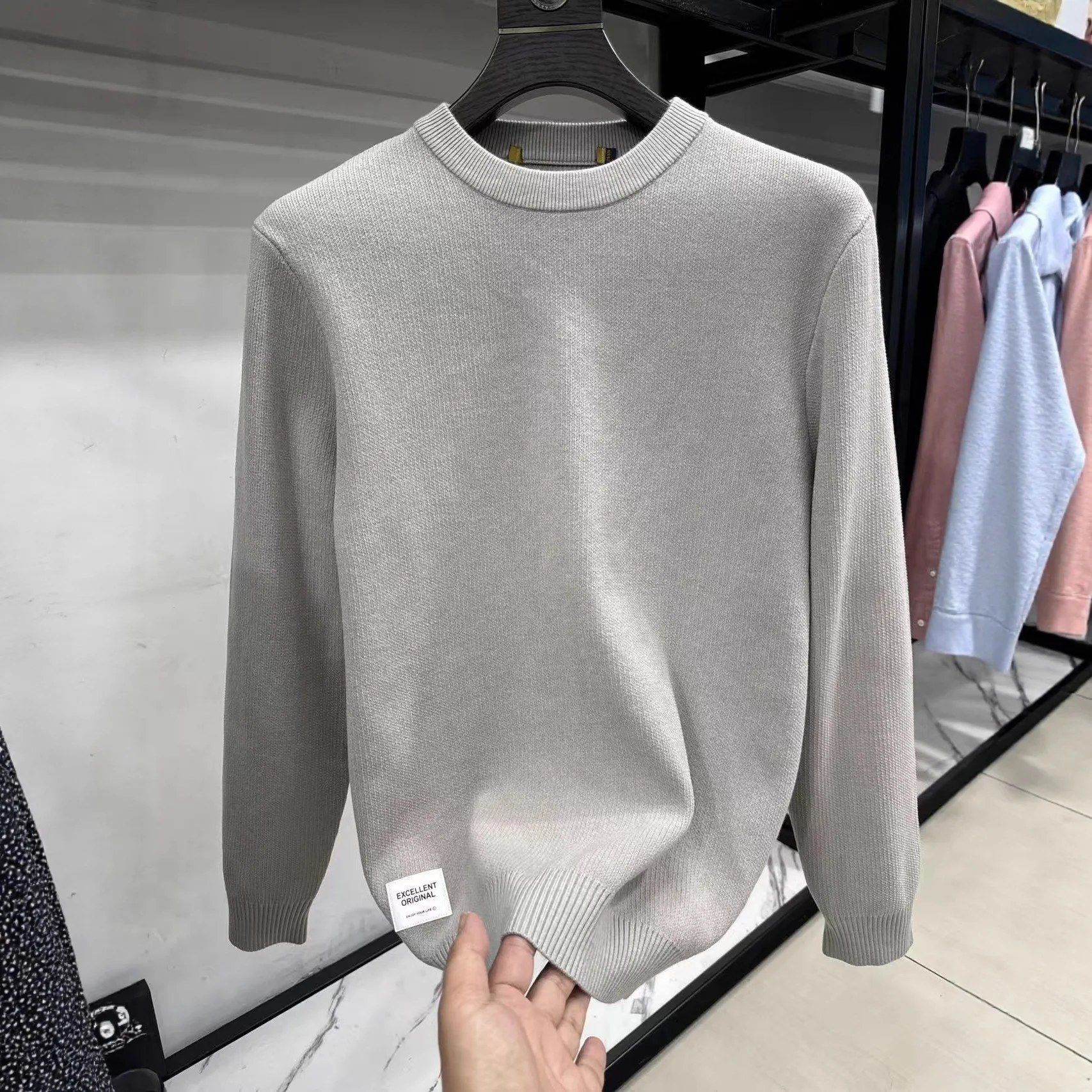 

Thi Winter Knitted Sweater Pure Color round Ne Letter Embroidery Fabric Warm Long Sve Men's Casual Knitwear 4Y37A