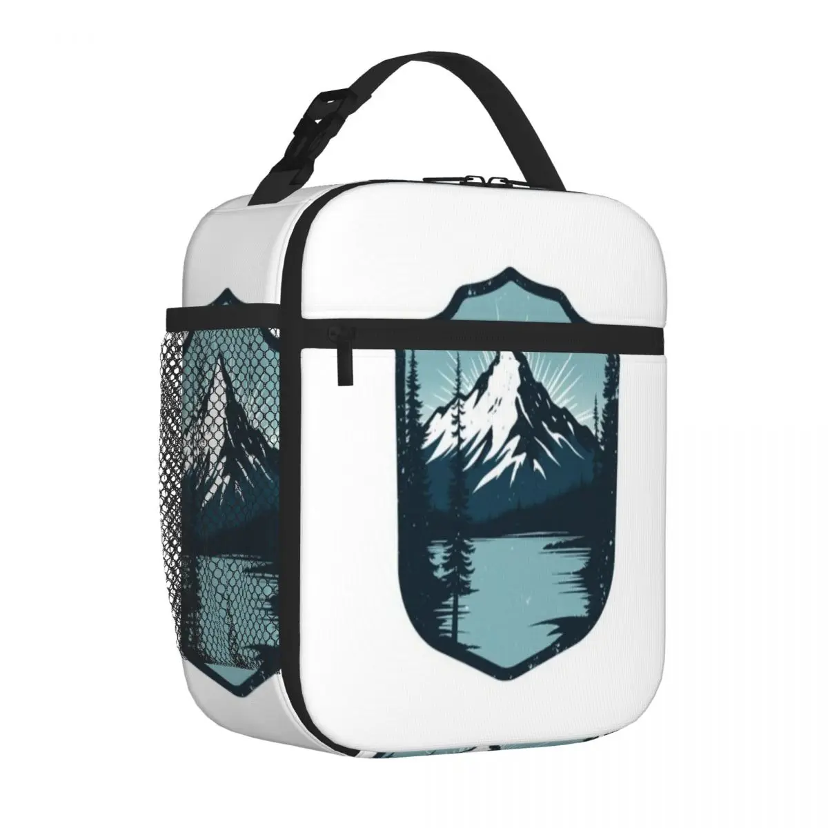 Hot Sale Retro Mountain Hiking Badge Mountain Lake Dual Use Canvas Lunch Bag Kids School Neoprene Lunch Bag