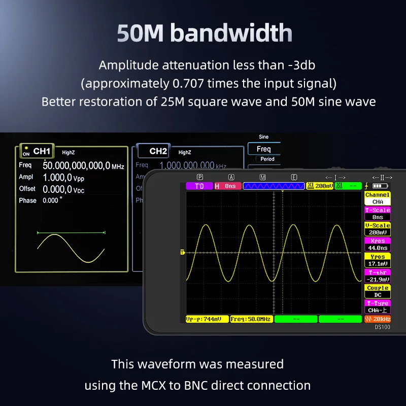 DS100 Digital Oscilloscope Mini Handheld Oscilloscope 50M Bandwidth Dual Channels Multifunction Electronic Component Tester